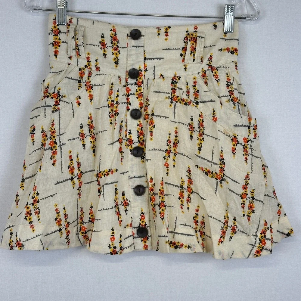 Free‎ People Floral Linen Cotton Button Front Mini Skirt Ivory Women's Size S